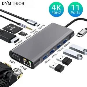 C타입랜선 LAN 젠더 11포트 USB C 허브 도킹스테이션 RJ45 어댑터 HDMI 호환 4K VGA SDTF 카드 35MM AUX 11