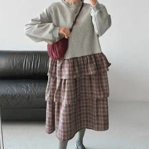 [다잇템] 여자 프릴 보온 코디 큰사이즈 격자 티어드 롱원피스_23918337_588872