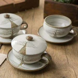 이천도자기 ND99PW20 진 나무 도자기 뚜껑커피잔 받침 1인세트