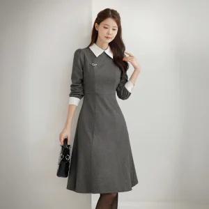 [시크라인] (~XXL까지) 쿠마온 배색카라 헤링본 플레어 원피스 겨울 하객룩 오피스룩 모임룩 격식룩 연말룩 빅사이즈