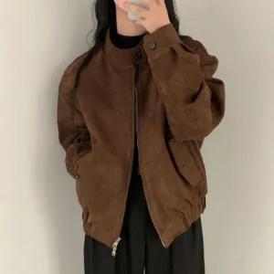 Rly 여성 빈티지 긴팔 하이넥 루즈핏 스웨이드 숏 자