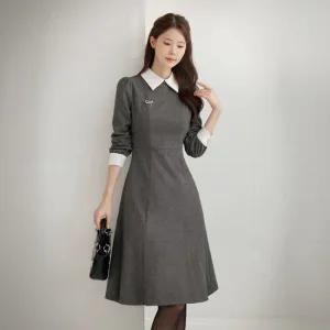 XXL까지) 쿠마온 배색카라 헤링본 플레어 원피스 겨울 하객룩 오피스룩 모임룩 격식룩 연말룩 빅사이즈