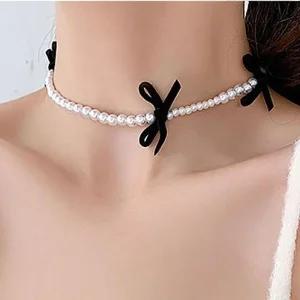 Rly 여성 벨벳 진주 리본 초커 레이어드 목걸이