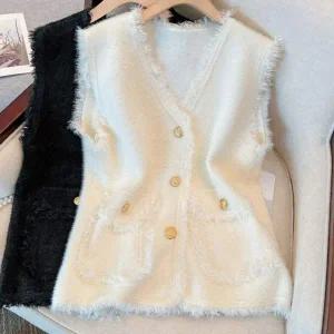 [콩심팥심]바이브모션 트위드 수술 니트 단추 조끼 와플 가을 민소매