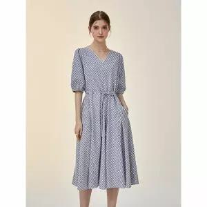 [하프클럽/샵앤]여성V넥퍼프소매사선스트라이프미디린넨원피스CL-WOP0290