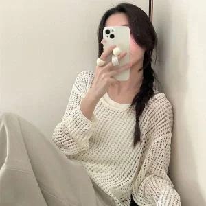 [하프클럽/]오버사이즈코디레이어드 베이직 펀치디테일 망사 넷 뜨개탑