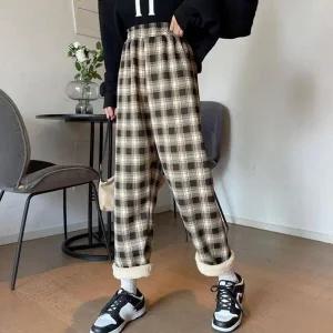 [하프클럽/]스타일 레이디스 동절기스트랩 체크무늬 털 겨울용 트라우저 트