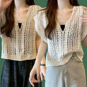 [하프클럽/]레이디스시즌 크로셰 브이컷 베스트 뜨개 슬리브리스탑 베스트