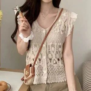 [하프클럽/]여자 크로셰 슬리브리스 시즌베스트 뜨개 슬리브리스탑 아우터