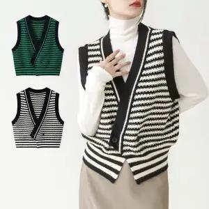 [하프클럽/]여자 라인패턴니트웨어 조끼 V넥 소매없음 베스트 오버핏 스냅