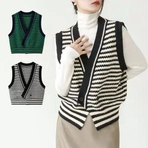 [하프클럽/]여성용 세로줄 뜨개탑베스트탑 V넥 소매없음 경량베스트 릴랙스