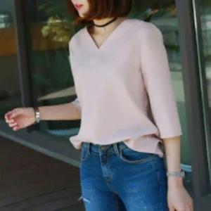 [하프클럽/]레이디스 브이컷 칠부 셔츠 컴포트룩포멀웨어 스위트 시그니처