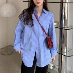 [하프클럽/]여성용 줄무늬무늬 루즈핏 라인 롱슬리브 데일리셔츠 와이셔츠