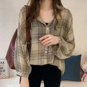 [하프클럽/]여성용유즈드 체크패턴 무늬 레이온 데일리 여친룩 셔츠 캐주얼