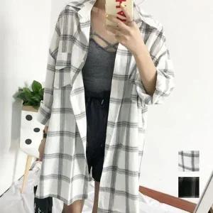 [하프클럽/]걸스힙까지 덥는 루즈핏 일상용 체크패턴 이지 무늬 데일리셔츠