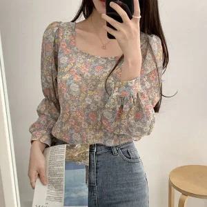 [하프클럽/]걸스 플라워패턴 시즌시폰 사각넥 셔츠