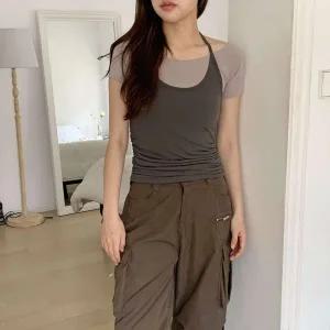 [하프클럽/]여자 홀터넥 레이어드 배색나시 입술넥 반팔티 세트