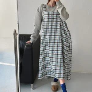[하프클럽/]여자 빅사이즈 포켓 체크 멜빵 겨울임부복 롱원피스