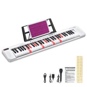 RIVVTA 61 키 일렉트릭 키보드 피아노, 200톤 리듬 및 60개의 데모 라이트업 - 음악 휴식 마이크 전원 공급 메모 스티커 화이트(REK-20) 포함