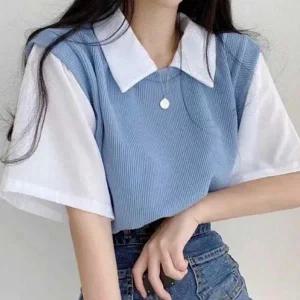 [하프클럽/]코디 인기 레이어드 니트 반팔 감성 페이크 청바지 여