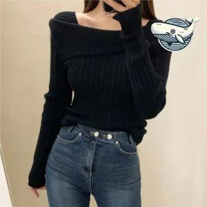 [하프클럽/]슬림핏 니트 상의 골지패턴 스퀘어넥 편안한