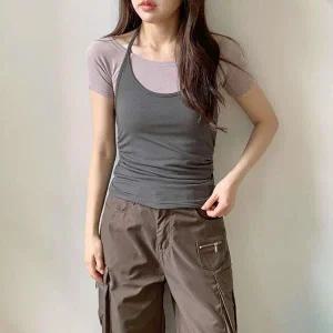 [하프클럽/]여자 힙무드 배색 셔링 홀터넥 나시 반팔티 세트