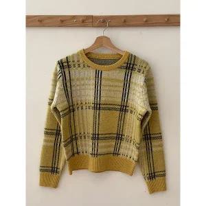 [하프클럽/샵앤]국산 여성 보트넥 격자 줄무늬 자가드 긴팔 니트티 21DS-WKN-49