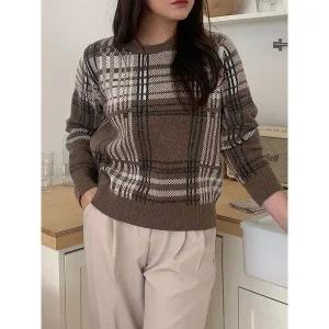 [하프클럽/샵앤]국산 여성 보트넥 격자 줄무늬 자가드 긴팔 니트티 21DS-WKN-49