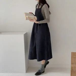 [하프클럽/]골덴 뷔스티에 레이어드 롱 원피스 멜빵 포켓 임부복 Ta113