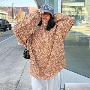 [하프클럽/]여자 보온 폴라넥 FW 레오파드 하프집업 맨투맨