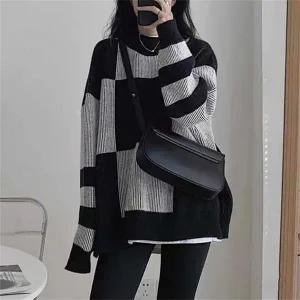 [하프클럽/]하이넥 인기 루즈핏 골지 체크 니트