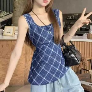 [라일리여성의류] Rly 해외 여행 나시 코디 체크 민소매 블라우스 백트