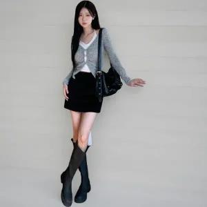 [하프클럽/]여성 슬림핏 홀터넥 배색 긴팔 레이어드 티셔츠