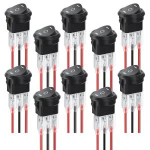 DMTVAL 10피스 12V 라운드 로커 스위치 키트, 2핀 2 포지션 SPST 켜기/끄기 토글, 사전 유선 리드 포함, 정