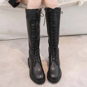 여성 레이스업 키높이 슬림핏 블랙 롱워커 부츠