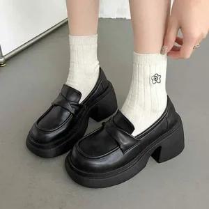 여성 통굽 로퍼 하이힐 청키 플랫폼 블랙슈즈