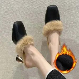 겨울 여성 퍼 뮬 스퀘어토 털안감 미들힐