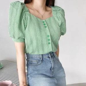 [하프클럽/]체크 블라우스 버튼 여름블라우스
