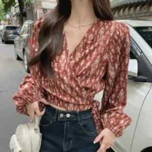 [하프클럽/]플로럴 리본랩 퍼프 블라우스