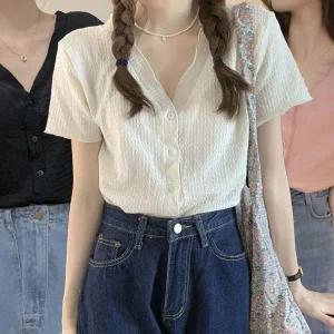 [하프클럽/]블라우스 베이직 여름 브이넥 여성