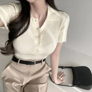 [하프클럽/]여성 슬림핏 골지 카라 니트 반소매 티셔츠