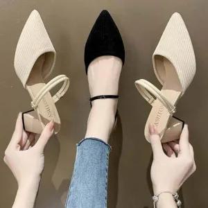 발등 스트랩 라인 큐빅 골지 미들 뮬 샌들