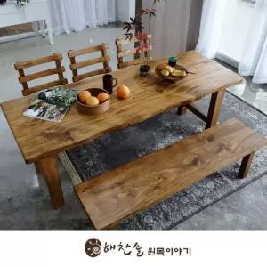 해찬솔 통원목 에코 6인용식탁 세트B 2000_w700_tr 의자포함 통원목다리 원목식탁 우드슬랩 카페테이블