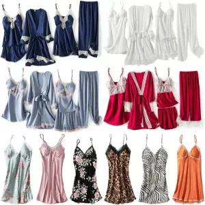 브라 캡 내장 실크 레이스 슬립 원피스 섹시 란제리 속옷 가운 로브 홈웨어 파자마 잠옷 세트 신혼선물