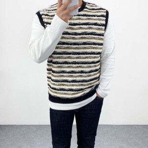 [엠클로] 남자 오버핏 스트라이프 배색 푸들 라운드 니트조끼 베스트 남여공용 2컬러