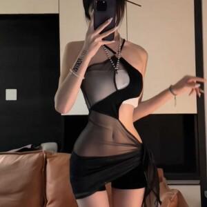 블랙 홀터넥 시스루 망사 슬립 섹시원피스 클럽의상 홀복