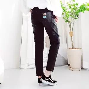 [103st] 배기핏 밴딩 스판 강아지 캐릭터 자수 블랙진/여성 흑청 데님팬츠 빅사이즈 청바지
