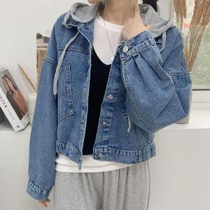 [오노마] ONM 탈부착 배색 후드 데님 자켓 크롭 길이 데일리 재킷