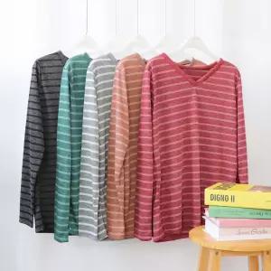 부드러운 여성 줄무늬 티셔츠 여자 봄가을 브이넥 긴팔 스트라이프 단가라 기본 줄티