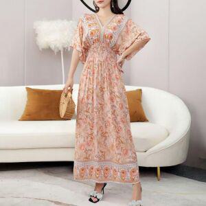 스타일아유 여성 썸머 에스닉 바캉스룩 루즈핏 빈티지 패턴 V넥 반팔 롱원피스